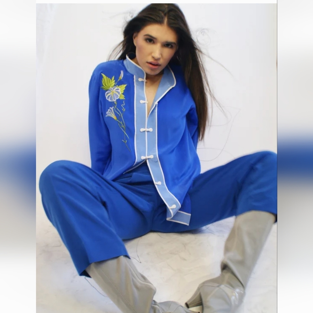 Bob Mackie SILK Vintage Blue Wearable Art tunic top Small